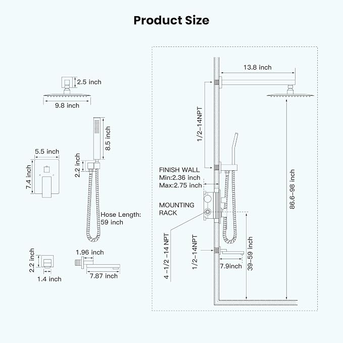 gotonovo Rainfall Tub Shower Faucet Set Bathroom Shower System with Tub Spout Wall Mount Square High Pressure Shower Fixtures with Handheld Sprayer Rough-In Valve 10'' Shower Head,Brushed Nickel - Image 6