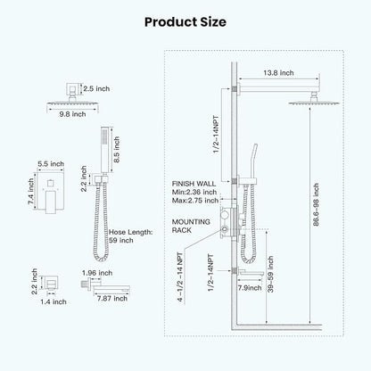 gotonovo Rainfall Tub Shower Faucet Set Bathroom Shower System with Tub Spout Wall Mount Square High Pressure Shower Fixtures with Handheld Sprayer Rough-In Valve 10'' Shower Head,Brushed Nickel - Image 6