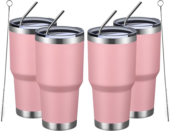 MEWAY 30oz Insulated Tumbler With Lids and Straws,Stainless Steel Double Vacuum Coffee Tumbler Cup, Brush, Durable Powder Coated Coffee Cup for Cold & Hot Drinks, Office, Travel(Pink,4 PACK) by MEWAY