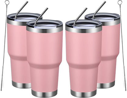 MEWAY 30oz Insulated Tumbler With Lids and Straws,Stainless Steel Double Vacuum Coffee Tumbler Cup, Brush, Durable Powder Coated Coffee Cup for Cold & Hot Drinks, Office, Travel(Pink,4 PACK) by MEWAY