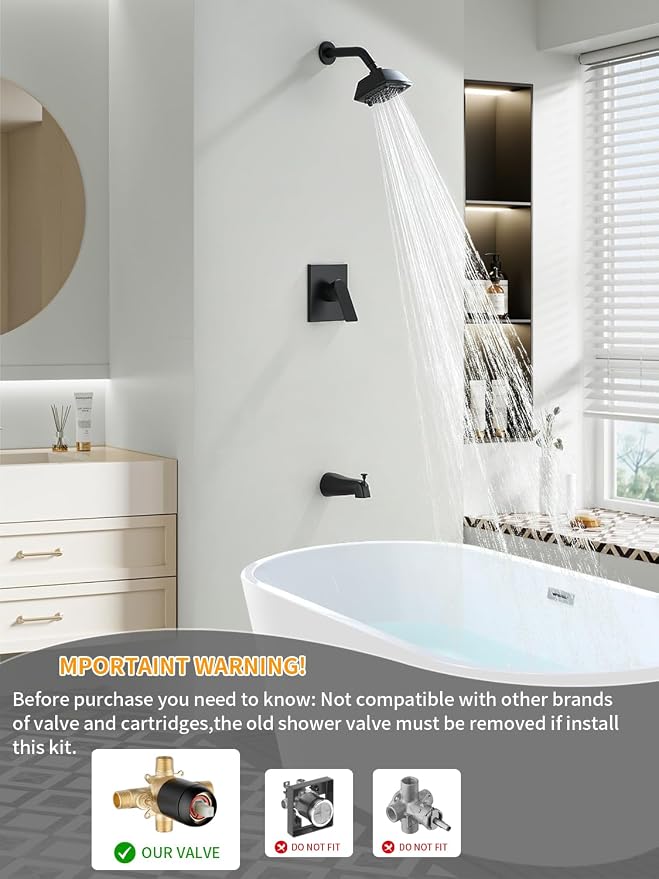 Black Shower Head and Handle Set 5 Inch Bathtub Faucet Shower Faucet with 6-Spray Shower Head Shower Valve Kit Modern Shower Set High-Pressure Shower Trim Kit - Image 2