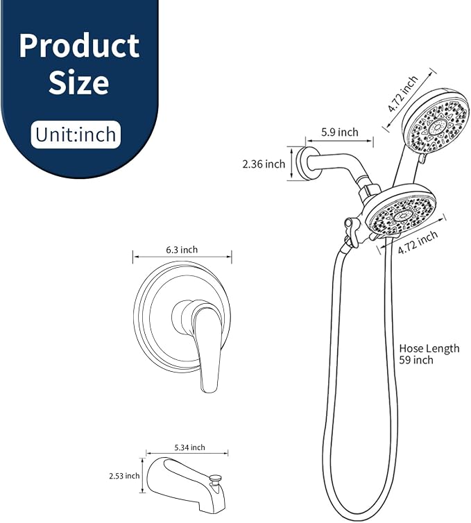 Tub and Shower Faucet Set Complete Dual Shower Head and Handheld 2 in 1 Combo Set Shower System with Tub Spout Tub and Shower Trim Kit Brushed Nickel - Image 8