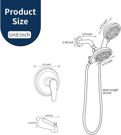 Tub and Shower Faucet Set Complete Dual Shower Head and Handheld 2 in 1 Combo Set Shower System with Tub Spout Tub and Shower Trim Kit Brushed Nickel - Image 8