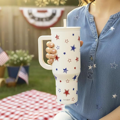SANDJEST American Flag 40oz Tumbler with Handle and Straw, Insulated Stainless Steel Travel Coffee Mug for Women Girls, Gift Idea for Birthday Christmas 4th of July (Star) - Image 6
