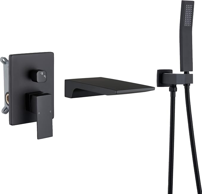 DASAN Waterfall Tub Filler Faucet Wall Mount with Hand Shower, Modern Wall Mounted Bathtub Faucet Matte Black Tub Faucet with High Flow Rough in Valve, SA-TF01WH-MB by Dasan