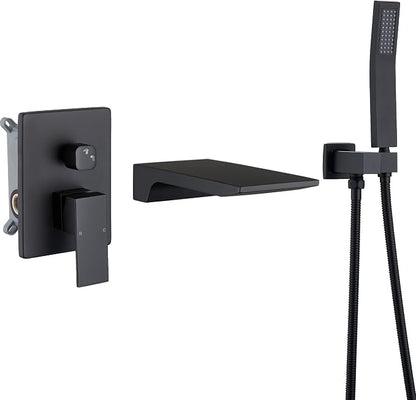 DASAN Waterfall Tub Filler Faucet Wall Mount with Hand Shower, Modern Wall Mounted Bathtub Faucet Matte Black Tub Faucet with High Flow Rough in Valve, SA-TF01WH-MB by Dasan