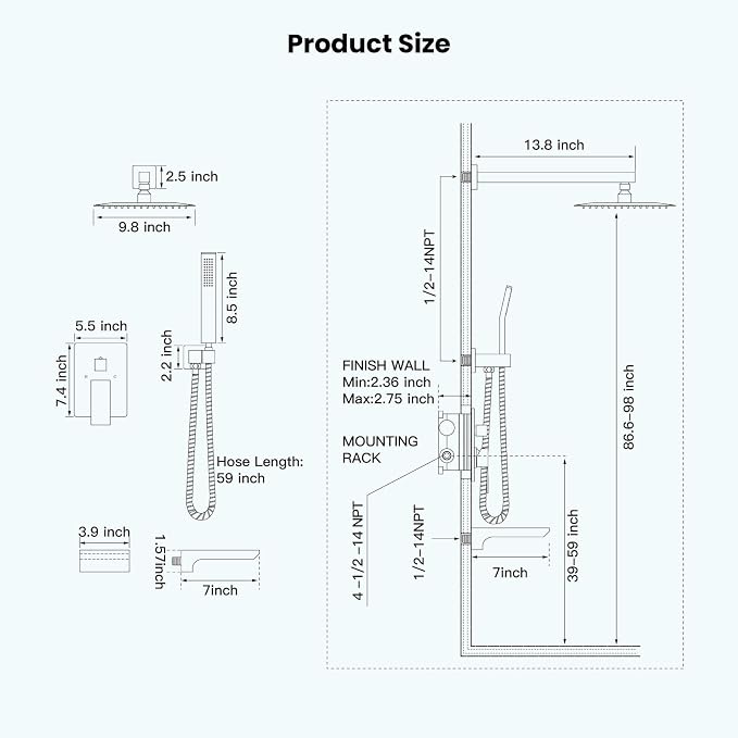 gotonovo Shower System with Tub Spout,Waterfall Tub Shower Faucet Set for Bathroom Head and Handle Set Wall Mounted 3 Function Rough-in Valve and Trim Included 10 inch Shower Head Polished Chrome - Image 7