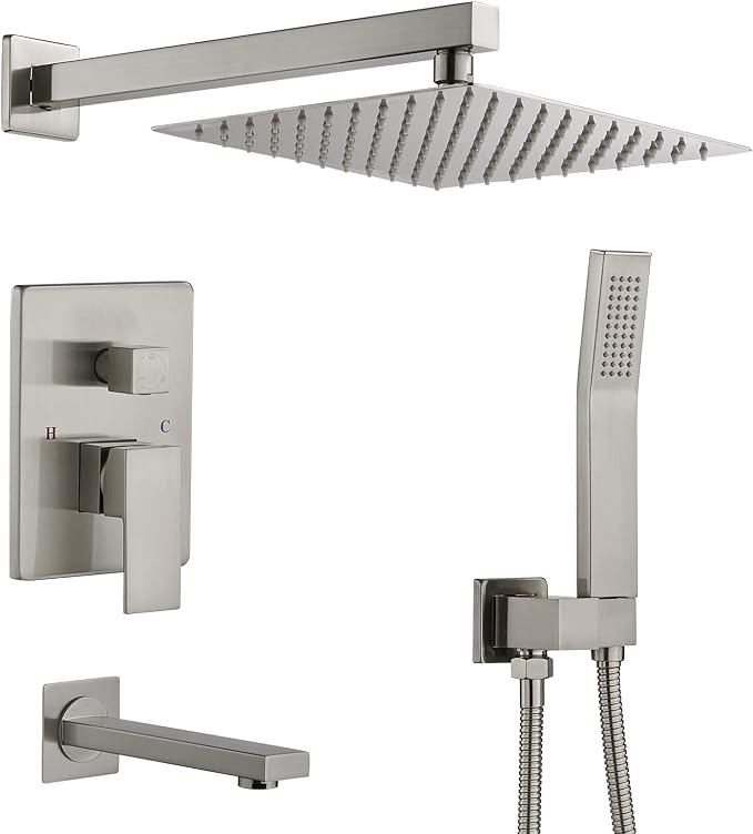 ROVOGO Bathtub Shower Faucet Set with Valve, Shower System with Tub Spout, 10-in. Rain Shower and Handheld, Square Shower Fixtures All Metal Wall Mount, Brushed Nickel by ROVOGO