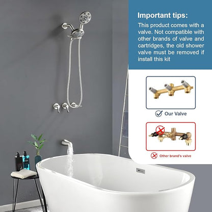 3 Handles Shower Faucet Set with Tub Spout Bathtub Shower Faucet Combo Set Shower System Complete Tub and Shower Trim Kit Brushed Nickel Wall Mounted Shower Fixtures - Image 2