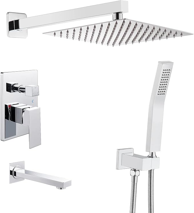 ROVOGO Bathtub Shower Faucet Set with Valve, Shower System with Tub Spout, 10-in. Rain Shower and Handheld, Square Shower Fixtures All Metal Wall Mount, Chrome by ROVOGO