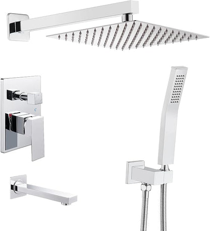 ROVOGO Bathtub Shower Faucet Set with Valve, Shower System with Tub Spout, 10-in. Rain Shower and Handheld, Square Shower Fixtures All Metal Wall Mount, Chrome by ROVOGO