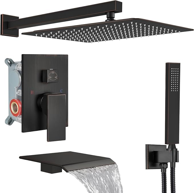 Midanya Shower System with Tub Spout,Bathtub Shower Faucet Set with Square Rainfall Head and Handheld Sprayer Wall Mount Tub Faucet Set with Valve and Trim Kit,16 Inch Oil Rubbed Bronze by Midanya