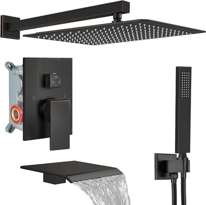 Midanya Shower System with Tub Spout,Bathtub Shower Faucet Set with Square Rainfall Head and Handheld Sprayer Wall Mount Tub Faucet Set with Valve and Trim Kit,16 Inch Oil Rubbed Bronze by Midanya