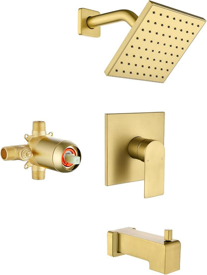 Brushed Gold Shower Faucet Set with Tub Spout, 6 Inch Rain Shower Head and Tub Spout, Shower Fixtures with Tub Spout, Tub and Shower Trim Kit by VIKASI