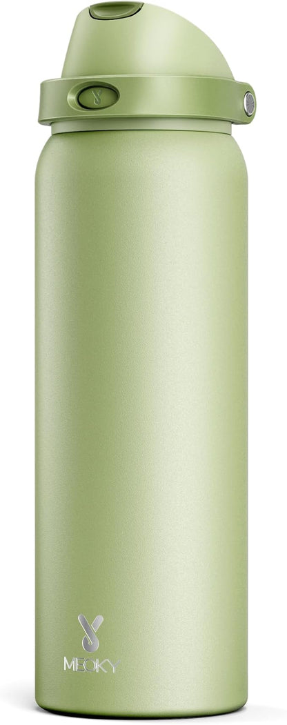 40 oz Insulated Water Bottle with Straw: Meoky Stainless Steel Metal Water Bottle with 2-in-1 Lid - Leak Proof, Cold for 24 Hours, Protective Silicone Base, BPA-Free for Sports Gym, Sage by MEOKY