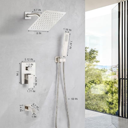 POP SANITARYWARE Shower Tub Faucet Set Brushed Nickel Bathroom 8 Inch Shower Head System with Tub Spout Wall Mounted Singe Handle Tub and Shower Trim Kit with Valve - Image 5