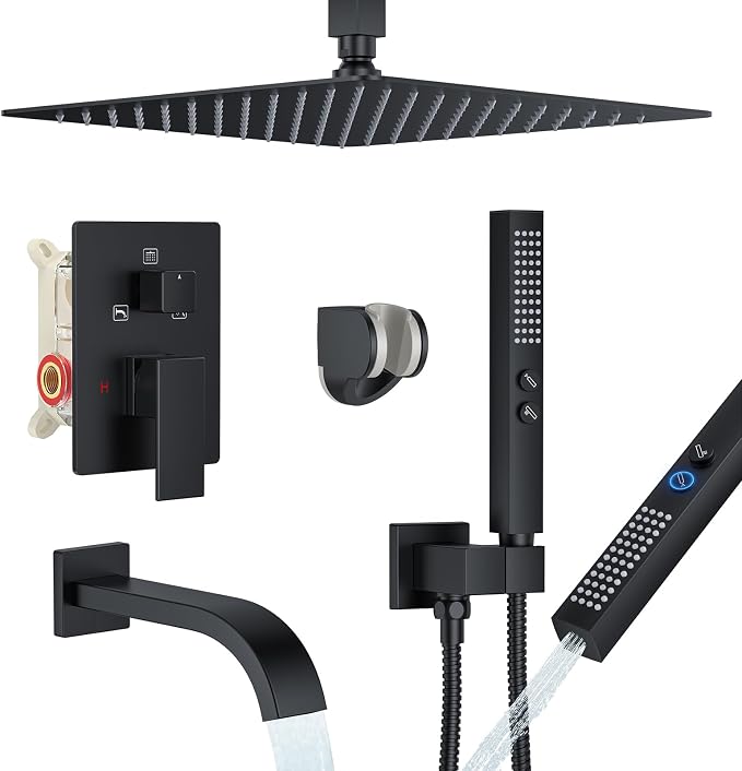 Shower System with Tub Spout, Ceiling Mounted Bathtub Shower Faucet Set, 12" Rainfall Shower Head and Handheld Shower Combo, High Pressure Shower Fixtures Set with Rough-in Valve, Matte Black by FAROLAN