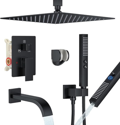 Shower System with Tub Spout, Ceiling Mounted Bathtub Shower Faucet Set, 12" Rainfall Shower Head and Handheld Shower Combo, High Pressure Shower Fixtures Set with Rough-in Valve, Matte Black by FAROLAN