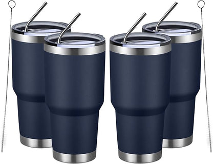 MEWAY 30oz Insulated Tumbler With Lids and Straws,Stainless Steel Double Vacuum Coffee Tumbler Cup, Brush, Durable Powder Coated Coffee Cup for Cold & Hot Drinks, Office, Travel(Navy,4 PACK) by MEWAY