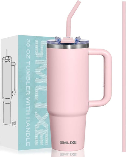 30 oz Tumbler with Handle, Tumbler with Lid and Straw, Double Wall Vacuum Insulated Travel Mug Stainless Steel Tumbler for Hot and Cold, Cupholder Friendly (Pink) by smlixe