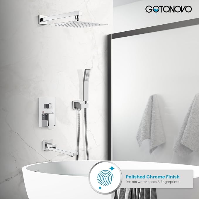 gotonovo Rainfall Tub Shower Faucet Set Bathroom Shower System with Tub Spout Wall Mount Square High Pressure Shower Fixtures with Handheld Sprayer Rough-In Valve 10'' Shower Head,Polished Chrome - Image 2