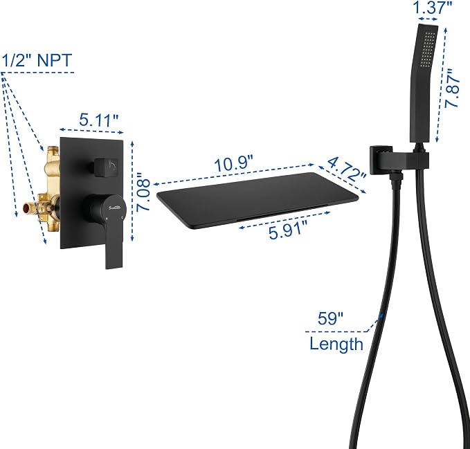 SHAMANDA Waterfall Bathtub Faucet with Sprayer, Wall Mount Tub Filler with Hand Shower, Single Handle Tub Faucet with Handheld Shower Head(Rough-In Valve Body and Trim Included), Matte Black, L902-7 - Image 7