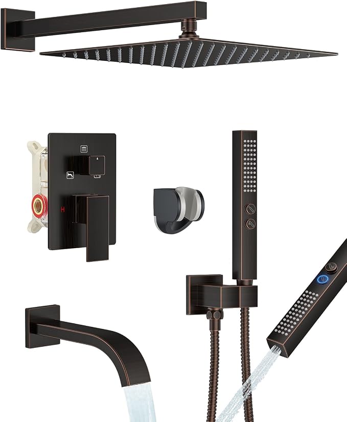 Oil Rubbed Bronze Shower System with Tub Spout, Wall Mounted Bathtub Faucet Set, 12" Rainfall Shower Head and Handheld Shower Combo, High Pressure Shower Fixtures Set with Rough-in Valve by FAROLAN