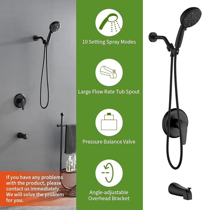 Tub Shower Faucet Set with 10 Spray Handheld Shower Matte Black Shower Head and Handle Set Shower System with Tub Spout 4.7 Inch Shower Handheld Shower Fixtures Tub and Shower Trim Kit - Image 2