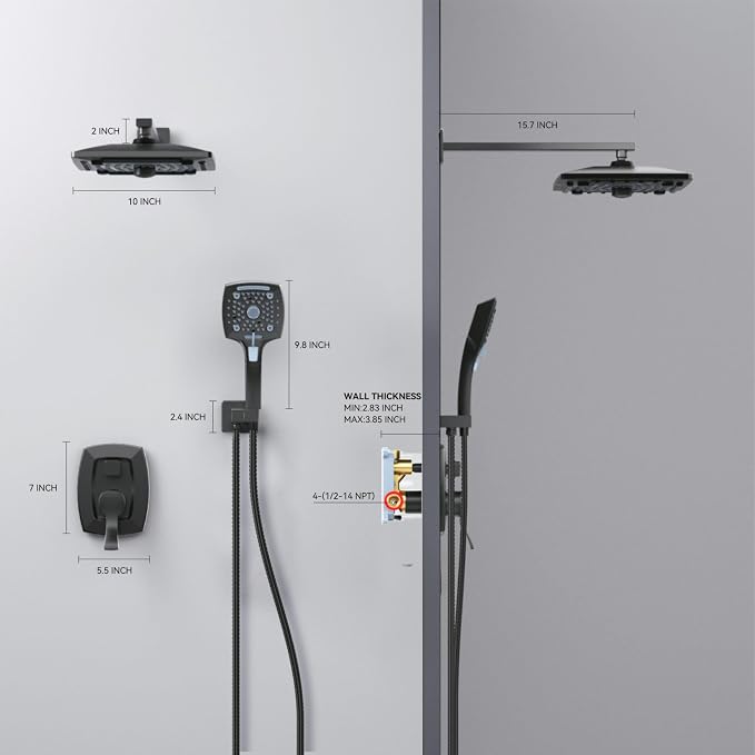 ELLO&ALLO Matte Black Bathroom Shower Faucet Set with Valve, Rainfall Shower Head with Handheld Combo - Image 5