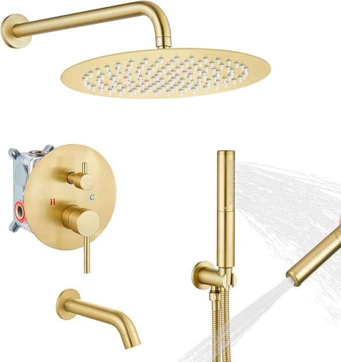 Airuida 3-Function Rain Shower System Set – Wall Mount Tub Shower Combo with Handheld Shower and Tub Spout,12 Inch Shower Head,Brushed Gold by Airuida