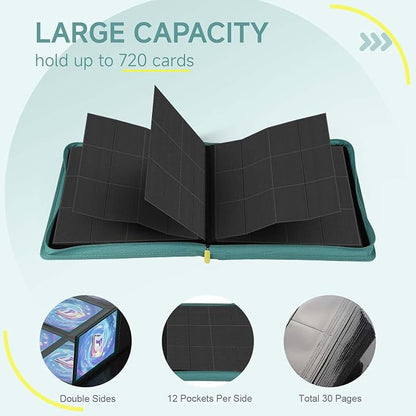 Trading Card Binder with Zip, 12 Pockets Card Binder, 720 Double Sided Pocket - Image 3