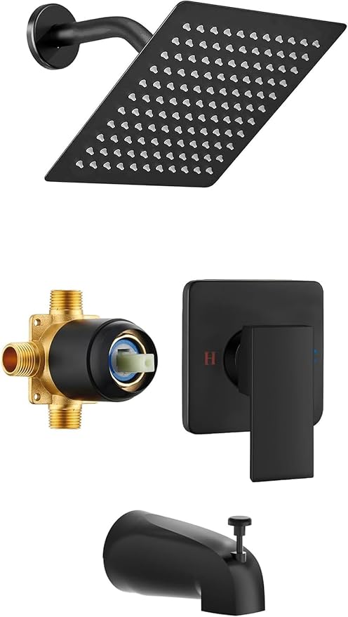 Shower Faucet Set with Tub Spout, 8 Inch Square Wall Mounted Rainfall Shower Head with Rough-in Valve Body, Bathroom Shower Trim Kit Single Function RV Shower System(Matte Black) by MTTCLE