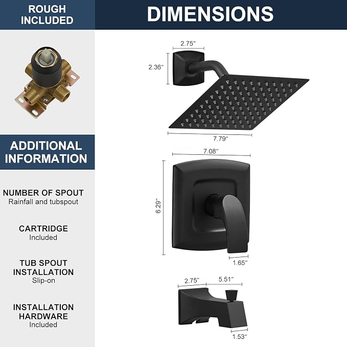 Tub Shower Faucet, Matte Black Shower Faucet Set with 8-Inch Square Rain Shower Head and Tub Spout, Brass Shower System Bathtub Shower Faucet Set Complete, Tub shower faucet set with valve - Image 9