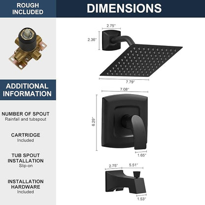 Tub Shower Faucet, Matte Black Shower Faucet Set with 8-Inch Square Rain Shower Head and Tub Spout, Brass Shower System Bathtub Shower Faucet Set Complete, Tub shower faucet set with valve - Image 9