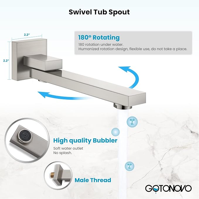 gotonovo Rainfall Tub Shower Faucet Set Bathroom Shower System with Tub Spout Wall Mount Square High Pressure Shower Fixtures with Handheld Sprayer Rough-In Valve 12'' Shower Head,Brushed Nickel - Image 5