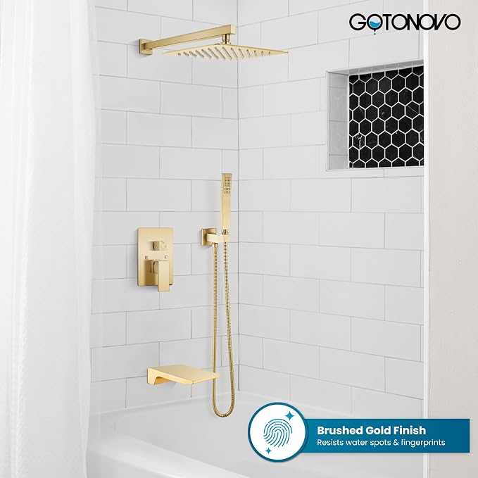 gotonovo Shower System with Tub Spout,Waterfall Tub Shower Faucet Set for Bathroom Head and Handle Set Wall Mounted 3 Function Rough-in Valve and Trim Included 12 inch Shower Head Brushed Gold - Image 2
