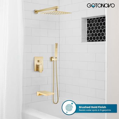 gotonovo Shower System with Tub Spout,Waterfall Tub Shower Faucet Set for Bathroom Head and Handle Set Wall Mounted 3 Function Rough-in Valve and Trim Included 12 inch Shower Head Brushed Gold - Image 2