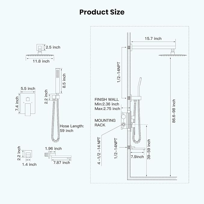gotonovo Rainfall Tub Shower Faucet Set Bathroom Shower System with Tub Spout Wall Mount Square High Pressure Shower Fixtures with Handheld Sprayer Rough-In Valve 12'' Shower Head,Brushed Nickel - Image 6