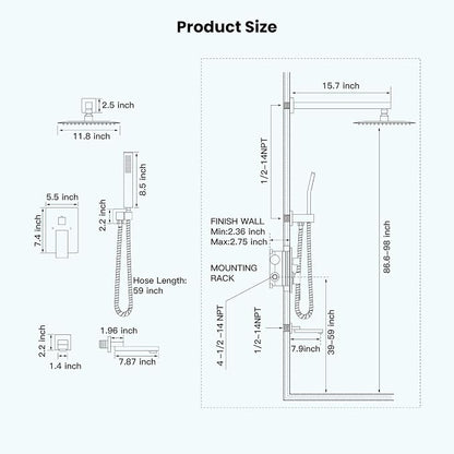 gotonovo Rainfall Tub Shower Faucet Set Bathroom Shower System with Tub Spout Wall Mount Square High Pressure Shower Fixtures with Handheld Sprayer Rough-In Valve 12'' Shower Head,Brushed Nickel - Image 6