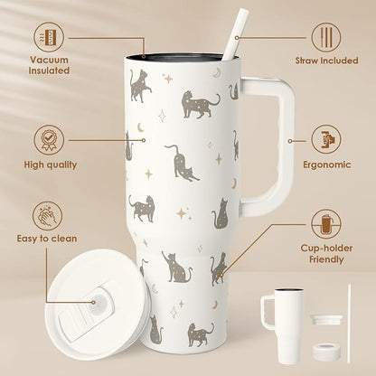 Gift for Cat Lovers Cat Mom – 40oz Stainless Steel Tumbler with Handle and Straw - Travel Coffee Mug for Women, Gift for Birthday, Christmas - Image 2