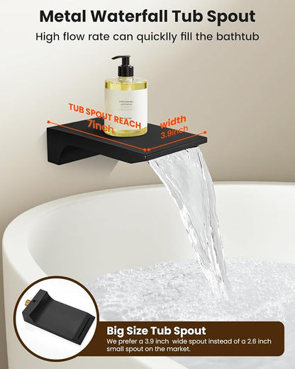 gotonovo Shower System with Tub Spout,Waterfall Tub Shower Faucet Set for Bathroom Head and Handle Set Wall Mounted 3 Function Rough-in Valve and Trim Included 10 inch Shower Head Matte Black - Image 5