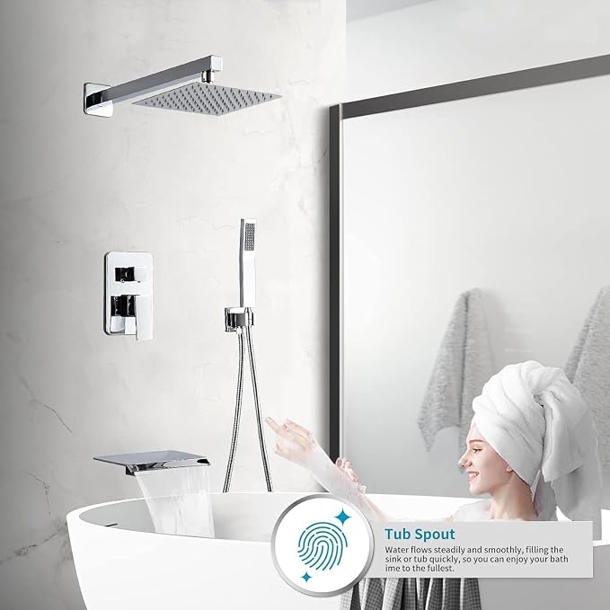 Chrome Shower Faucet Set with Tub Spout 10 Inch, Shower Head and Handle Set with 2 Hooks, Tub and Shower Faucet Combo, Rain Shower and Handheld Shower System Square Wall Mount for Bathroom - Image 4