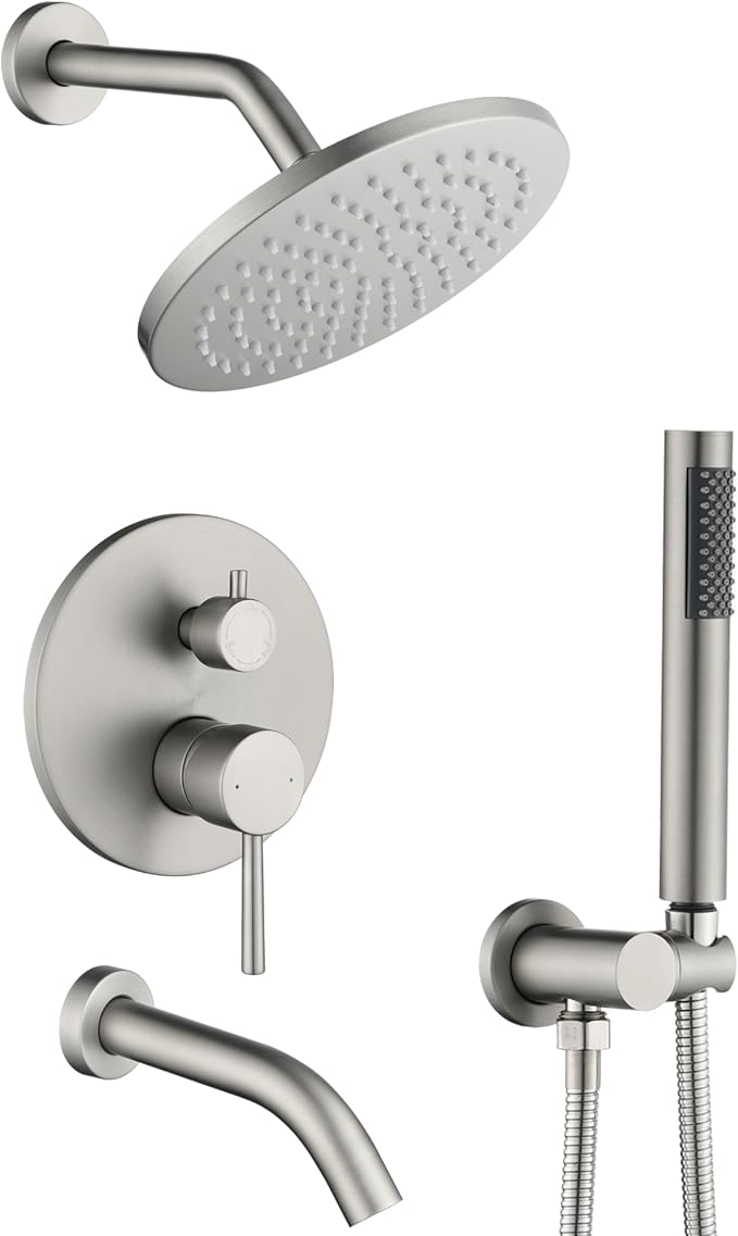Shower System with Tub Spout, Bathtub Shower Faucet Set, 8" Rain Shower Head and Handheld Spray Combo, Round Shower Head and Handle Set with Tub Spout (Valve Included), Brushed Nickel by RFSUNUAN