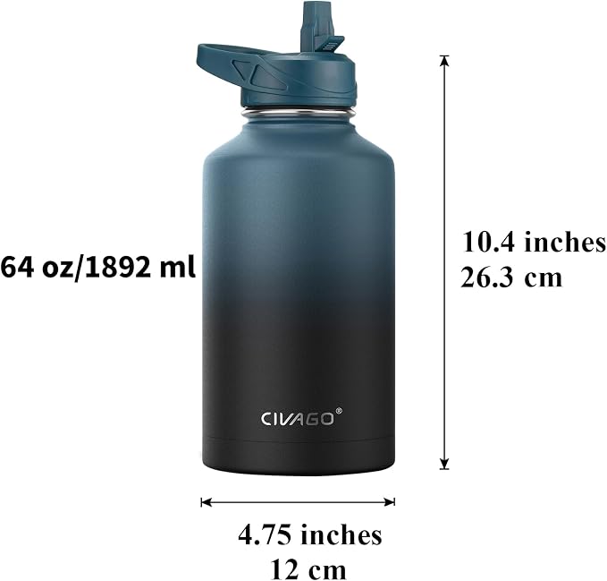 CIVAGO 64 oz Insulated Water Bottle With Straw, Half Gallon Stainless Steel Sports Water Flask Jug with 3 Lids (Straw, Spout and Handle Lid), Large Metal Thermal Cup Mug, Cream - Image 4