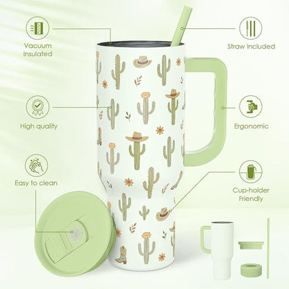 SANDJEST Cactus 40oz Tumbler with Handle and Straw, Insulated Stainless Steel Travel Coffee Mug for Women Girls, Gift Idea for Birthday Christmas Mothers Day - Image 2