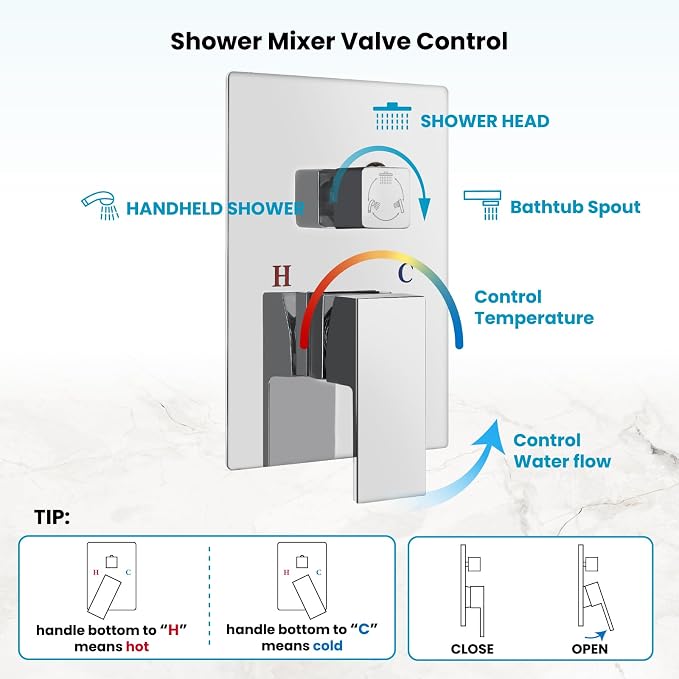 gotonovo 10'' Rain Shower Faucet System Rainfall Shower Head with Handheld Sprayer Waterfall Tub Spout Wall Mounted Mixer Combo Rough-in Valve and Trim Included 5.7 Inch Wide Spout Polished Chrome - Image 4