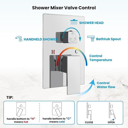 gotonovo 10'' Rain Shower Faucet System Rainfall Shower Head with Handheld Sprayer Waterfall Tub Spout Wall Mounted Mixer Combo Rough-in Valve and Trim Included 5.7 Inch Wide Spout Polished Chrome - Image 4