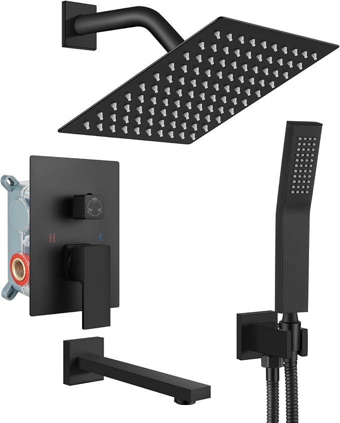 gotonovo Shower System with Tub Spout Wall Mounted Rain Shower Head and Handle Combo Shower Faucet Set with Valve, 8 Inch, Matte Black by HOME