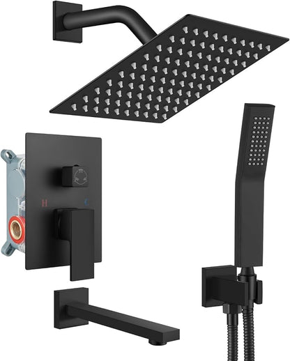 gotonovo Shower System with Tub Spout Wall Mounted Rain Shower Head and Handle Combo Shower Faucet Set with Valve, 8 Inch, Matte Black by HOME