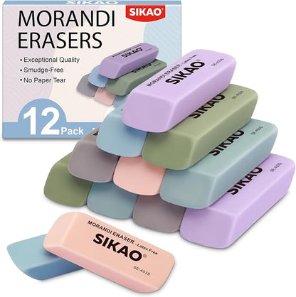 Morandi Erasers, 12 Pack Pencil Erasers | Aesthetic Pastel Beveled Rubber by Sikao